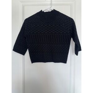 Kendall Kylie Black Mock Neck Sweater 3/4 Sleeve Geometric‎ Cropped Size Small